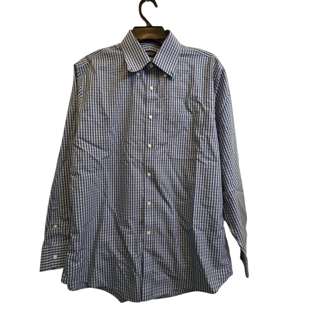 Nordstrom Men's Shop Traditional Fit WrinkleFree Blue & White Gingham Shirt 15.5
